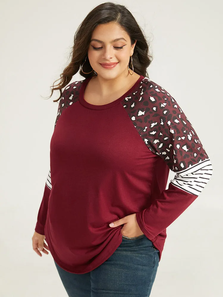 Leopard Striped Patchwork Raglan Sleeve T-shirt sold by Bloomchic product image thumbnail 3