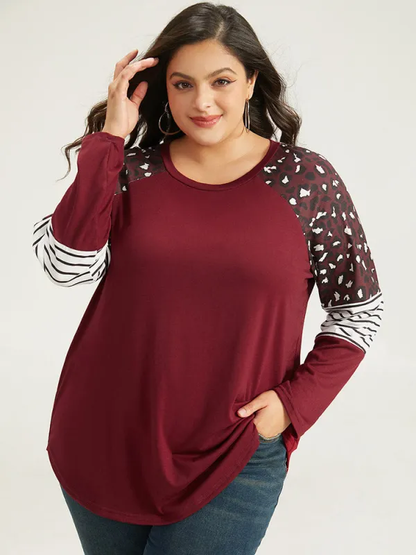 Leopard Striped Patchwork Raglan Sleeve T-shirt sold by Bloomchic
