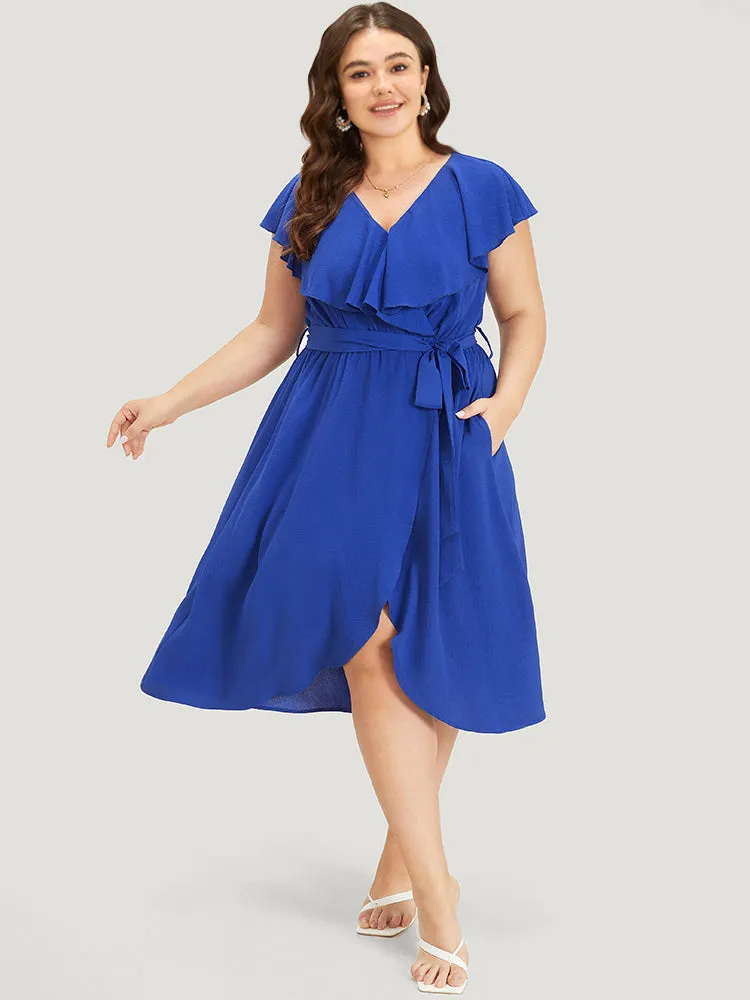 Ruffles Pocket Gathered Belted Wrap Hem Dress sold by Bloomchic