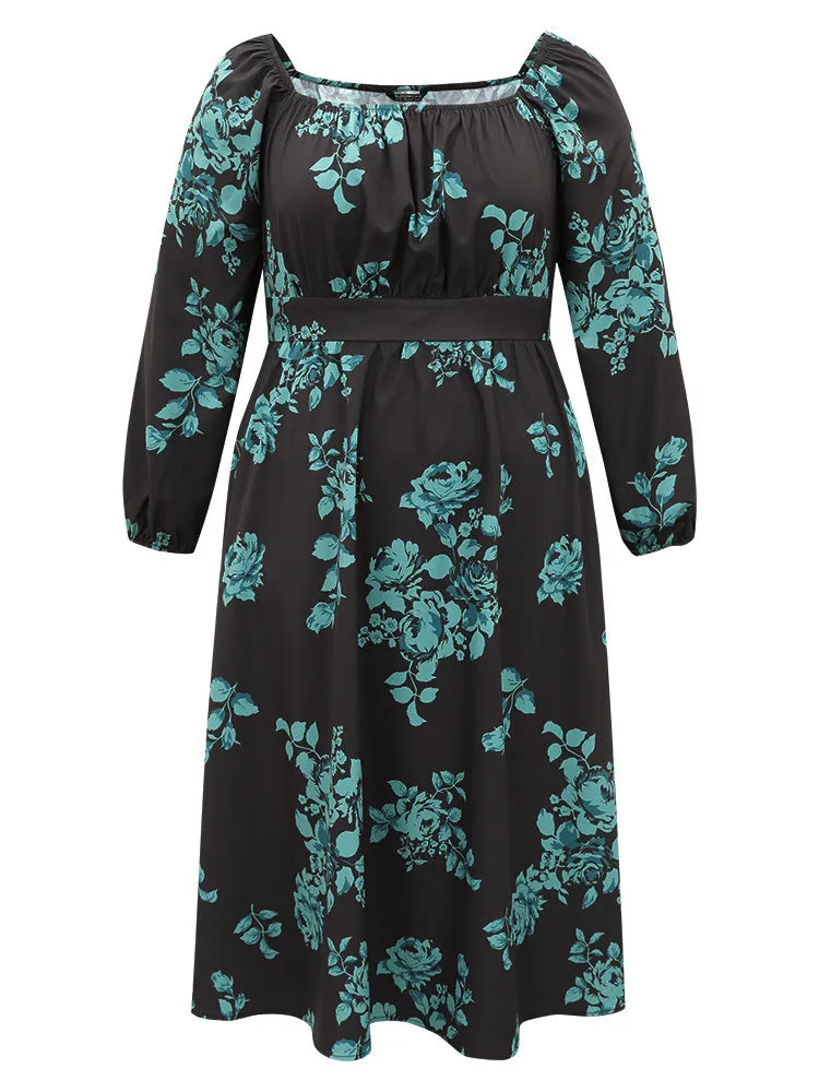 Silhouette Floral Print Square Neck Gathered Dress sold by Bloomchic product image thumbnail 5