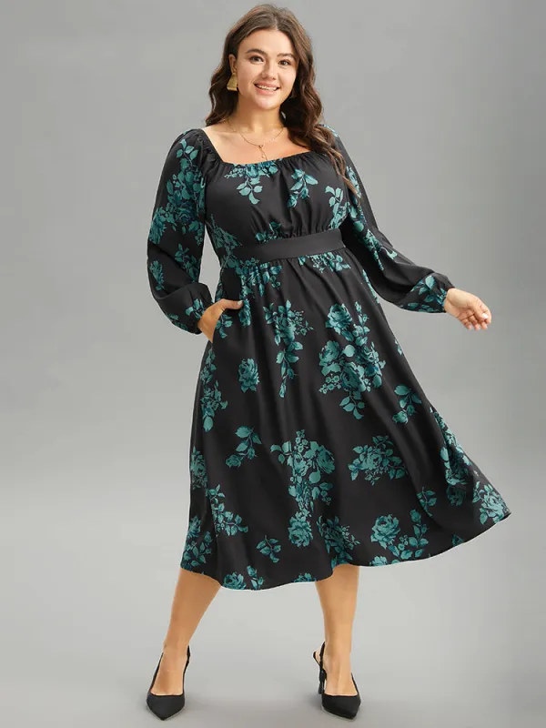 Silhouette Floral Print Square Neck Gathered Dress sold by Bloomchic