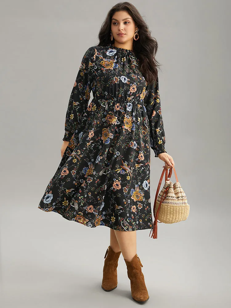Floral Print Shirred Gathered Stand Collar Dress sold by Bloomchic