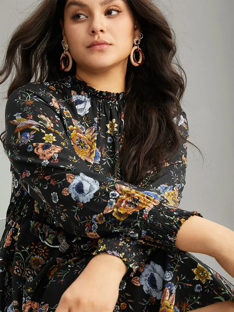 Floral Print Shirred Gathered Stand Collar Dress sold by Bloomchic product image thumbnail 4