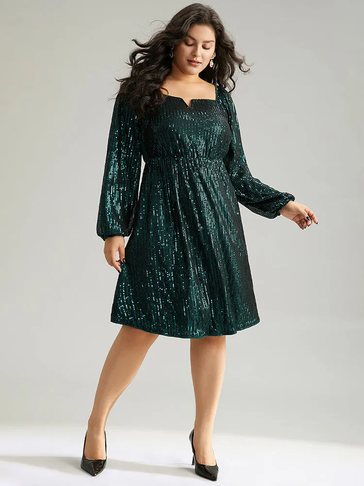 Sequin Square Neck Lantern Sleeve Knee Dress sold by Bloomchic