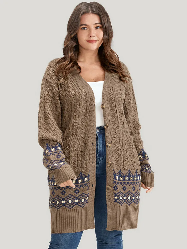 Geometric Contrast Pointelle Knit Pocket Cable Knit Button Front Cardigan sold by Bloomchic product image thumbnail 2