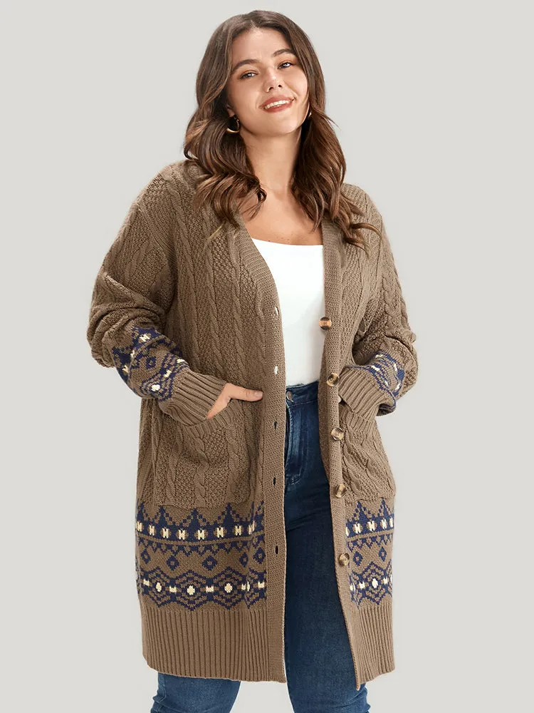 Geometric Contrast Pointelle Knit Pocket Cable Knit Button Front Cardigan sold by Bloomchic