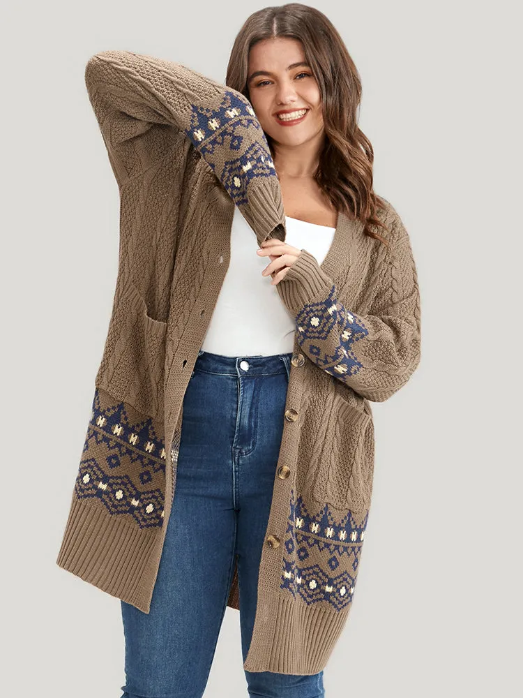 Geometric Contrast Pointelle Knit Pocket Cable Knit Button Front Cardigan sold by Bloomchic product image thumbnail 4