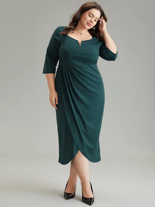 Solid Notched Pleated Wrap Hem Dress sold by Bloomchic