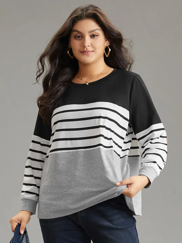 Striped Patchwork Contrast Slight Crew Neck Sweatshirt sold by Bloomchic