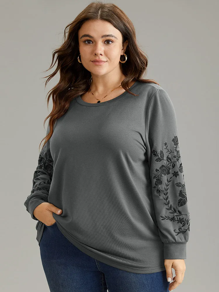 Plants Embroidered Elastic Cuffs Crew Neck Sweatshirt sold by Bloomchic