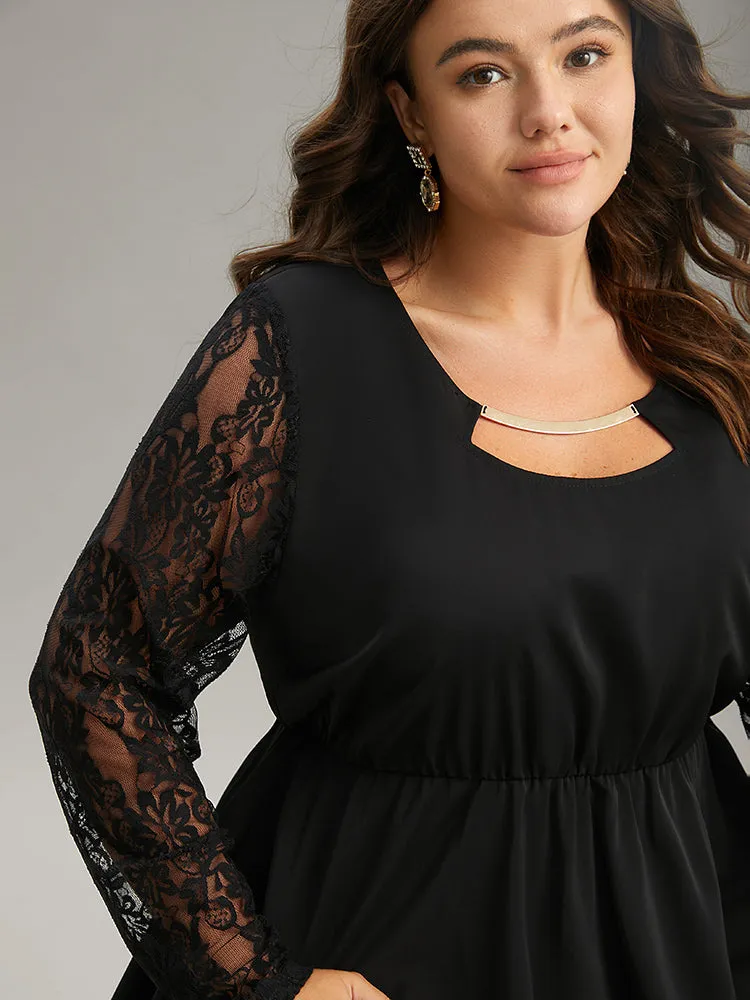 Guipure Lace Metal Detail Cut Out Hanky Hem Blouse sold by Bloomchic product image thumbnail 4