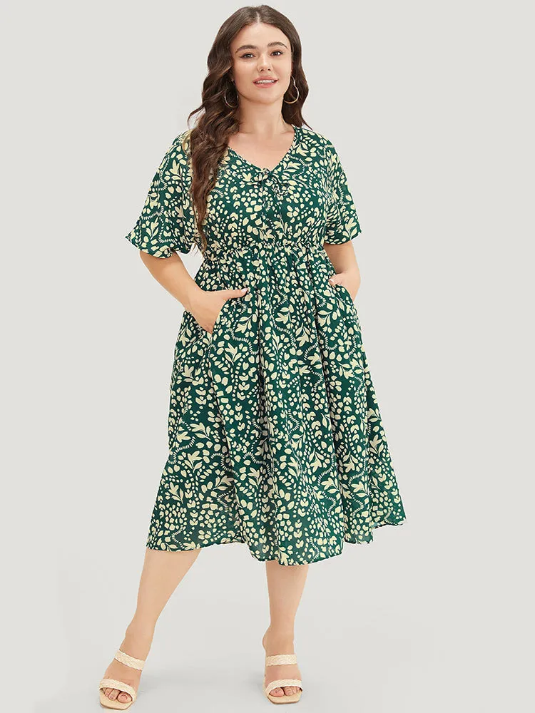 Plant & Geometric Batwing Sleeve Pocket Flutter Knot Neck Dress sold by Bloomchic product image thumbnail 2