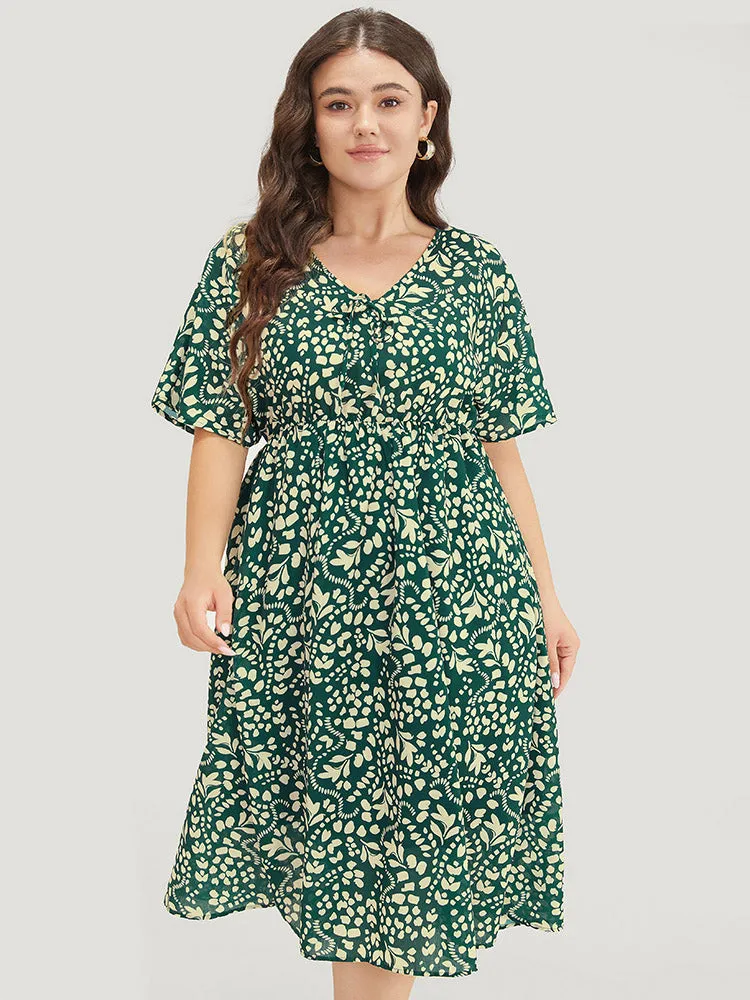 Plant & Geometric Batwing Sleeve Pocket Flutter Knot Neck Dress sold by Bloomchic product image thumbnail 3