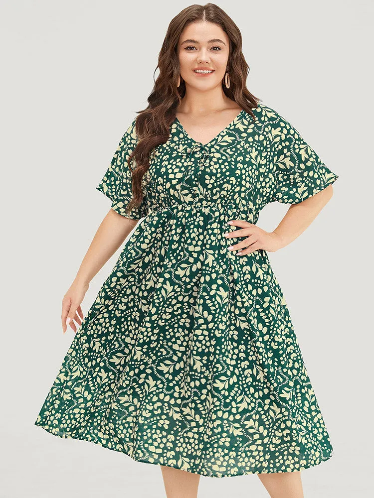 Plant & Geometric Batwing Sleeve Pocket Flutter Knot Neck Dress sold by Bloomchic