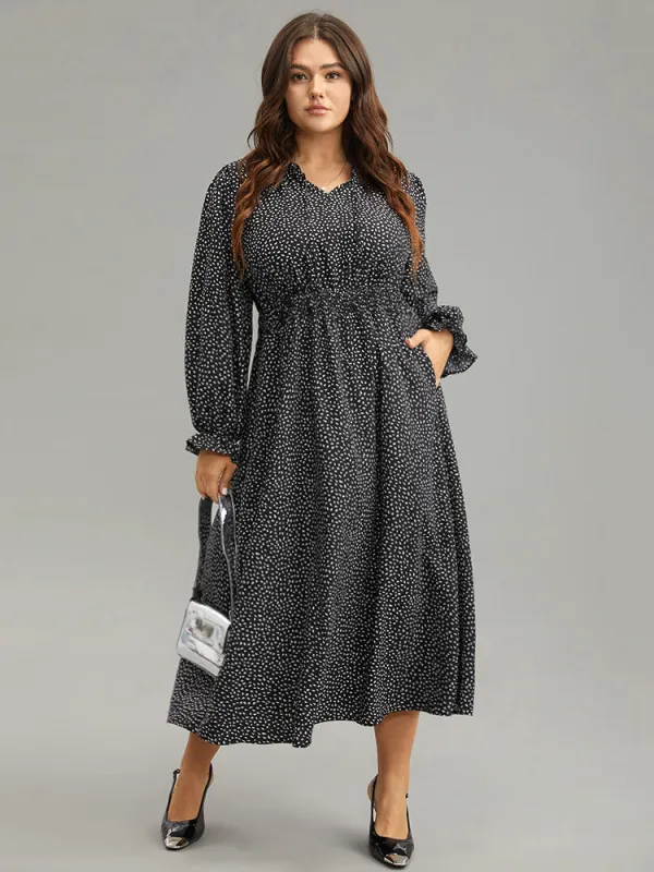 Water Drop Print Shirred Frill Trim Tie Neck Dress sold by Bloomchic