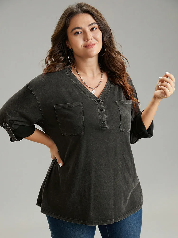 Vintage Roll Tab Sleeve Button Up T-shirt sold by Bloomchic