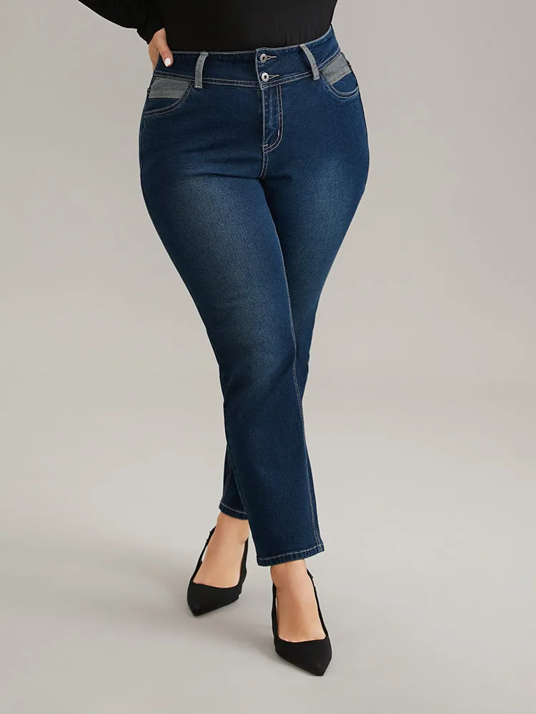 Contrast Patchwork Dark Wash Straight Leg Jeans sold by Bloomchic
