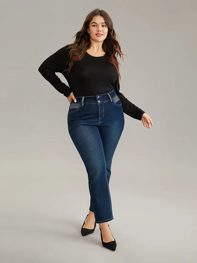 Contrast Patchwork Dark Wash Straight Leg Jeans sold by Bloomchic product image thumbnail 4