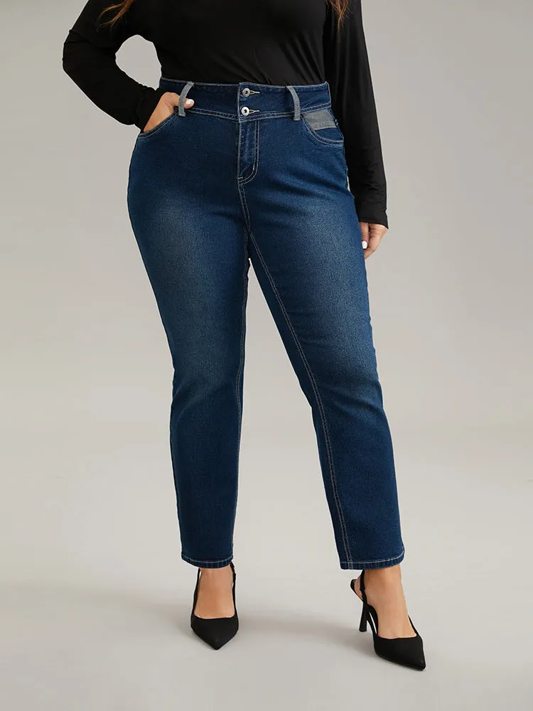 Contrast Patchwork Dark Wash Straight Leg Jeans sold by Bloomchic product image thumbnail 3