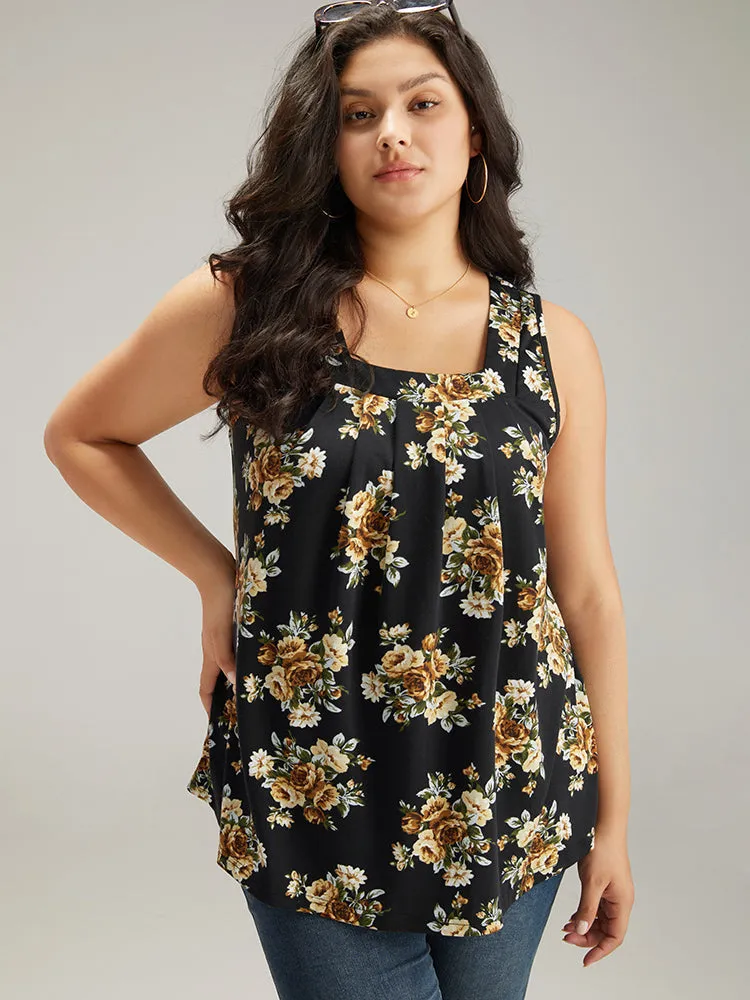 Floral Square Neck Plicated Detail Tank Top sold by Bloomchic