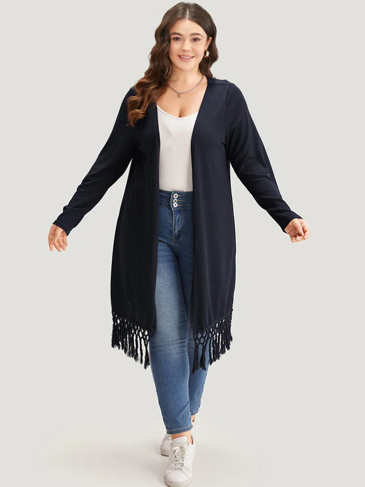 Plain Patchwork Open Front Tassel Trim Kimono sold by Bloomchic