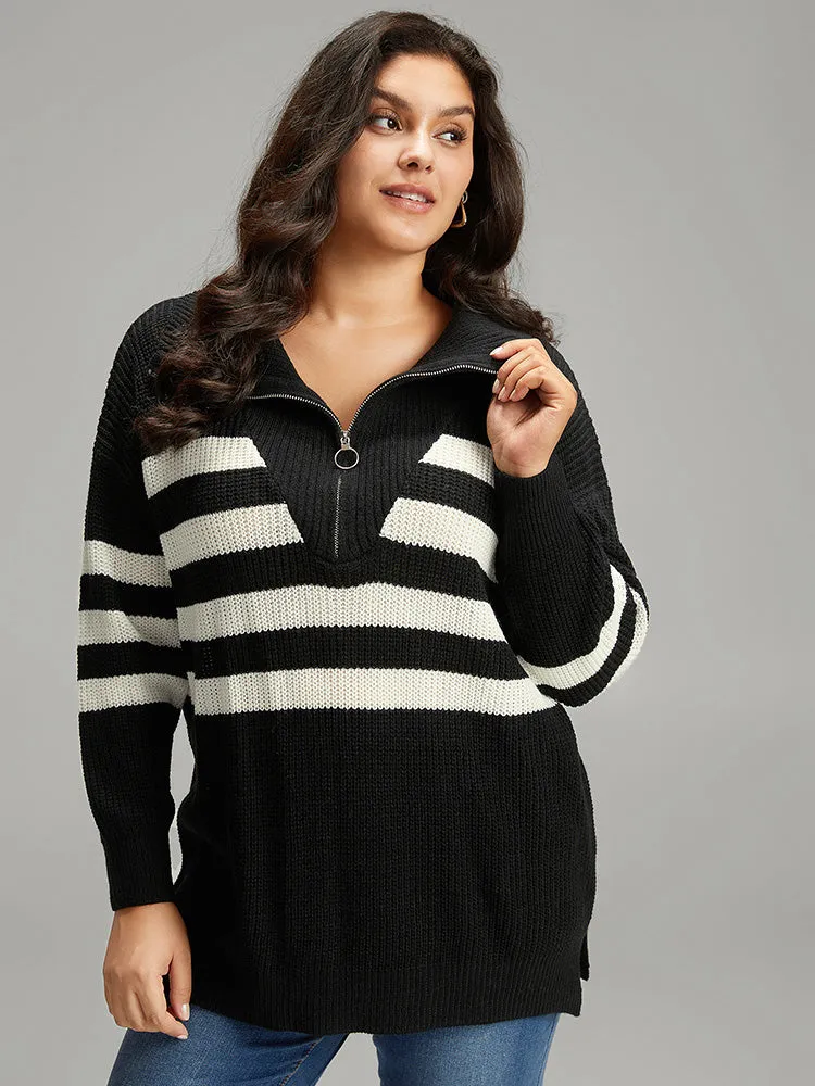 Striped Zipper Lapel Collar Drop Shoulder Pullover sold by Bloomchic product image thumbnail 3