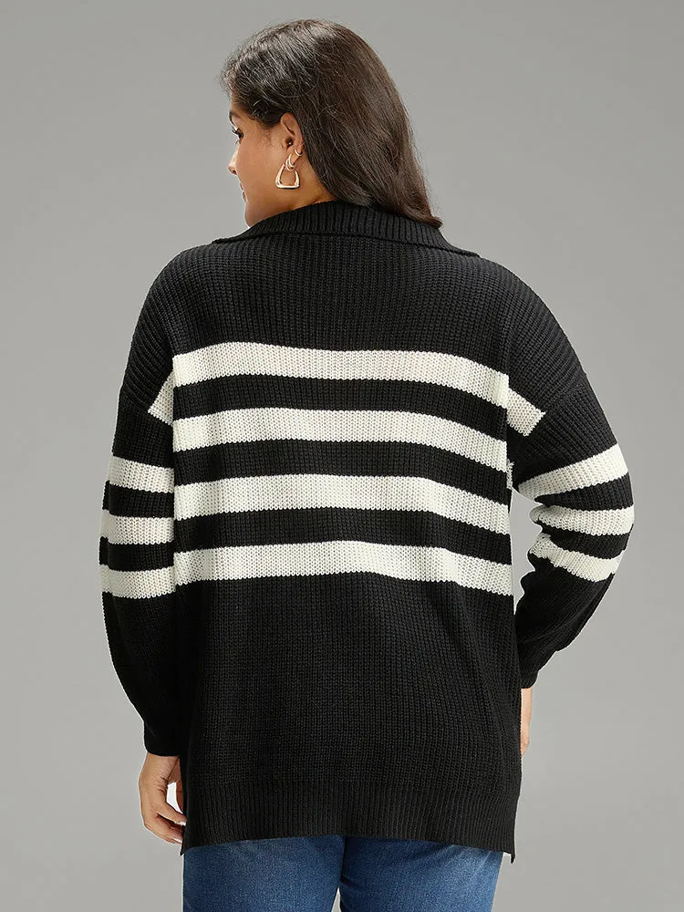Striped Zipper Lapel Collar Drop Shoulder Pullover sold by Bloomchic product image thumbnail 2