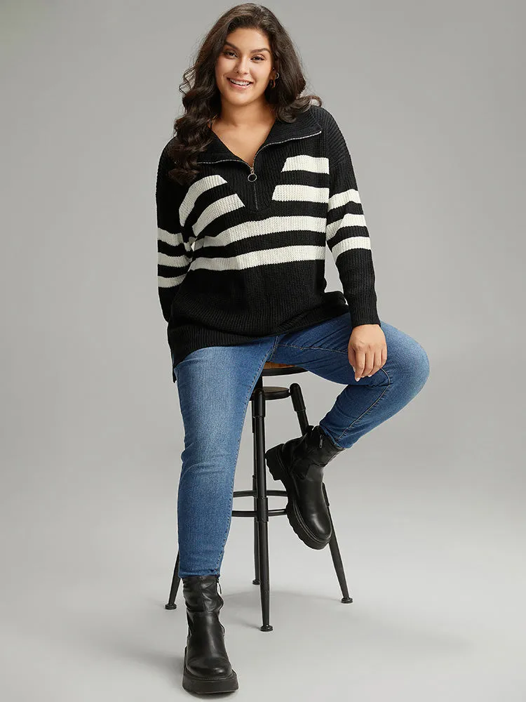 Striped Zipper Lapel Collar Drop Shoulder Pullover sold by Bloomchic product image thumbnail 4