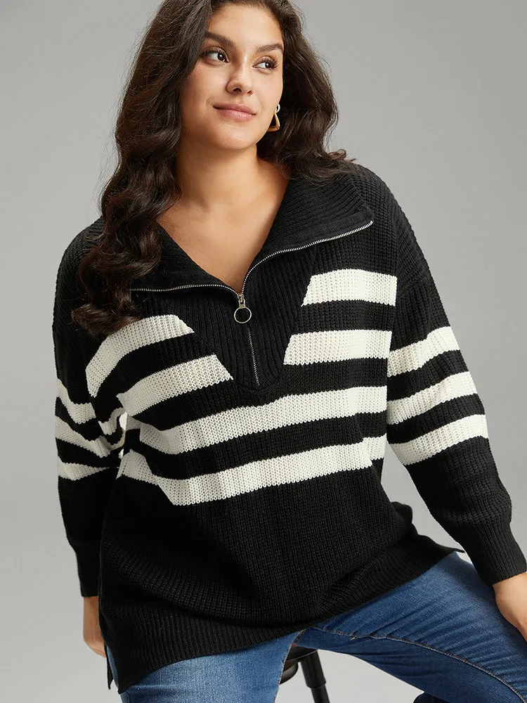 Striped Zipper Lapel Collar Drop Shoulder Pullover sold by Bloomchic