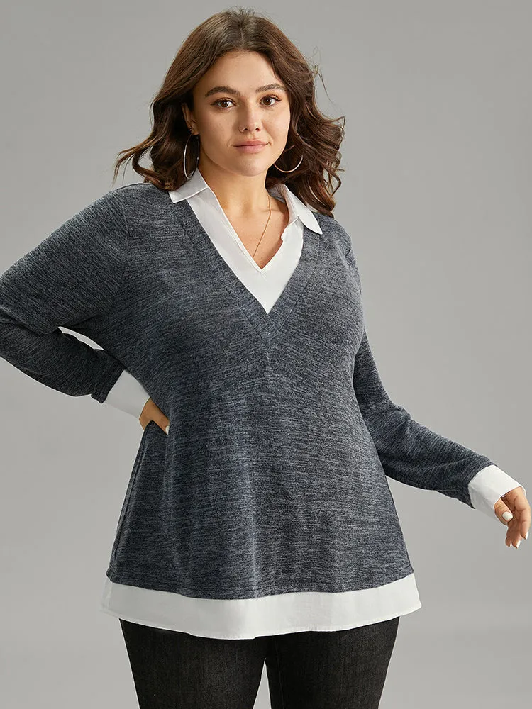 2-In-1 Contrast Patchwork Lapel Collar T-shirt sold by Bloomchic