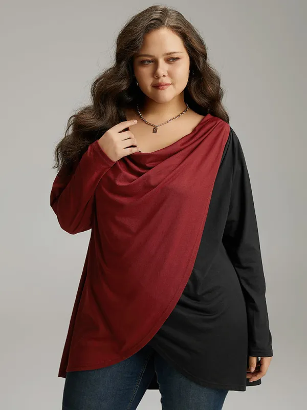 Two Tone Patchwork Cowl Neck T-shirt sold by Bloomchic