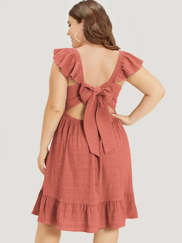 Plain Ruffles Pocket Bowknot Elastic Waist Sleeveless Dress sold by Bloomchic