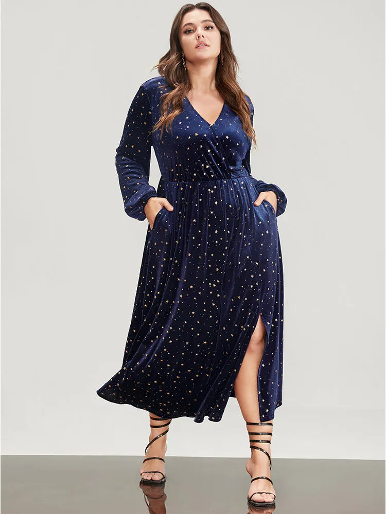Halloween Star Print Wrap Lantern Sleeve Pocket Split Velvet Maxi Dress sold by Bloomchic product image thumbnail 4