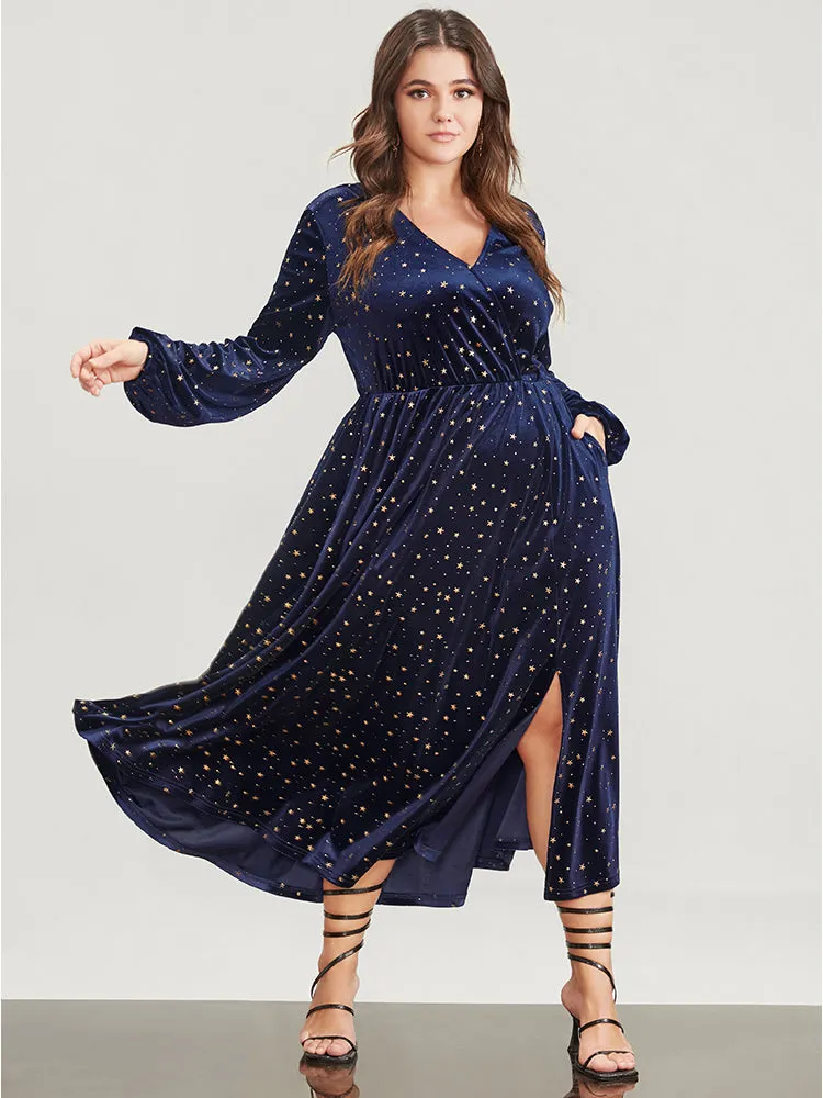 Halloween Star Print Wrap Lantern Sleeve Pocket Split Velvet Maxi Dress sold by Bloomchic product image thumbnail 3