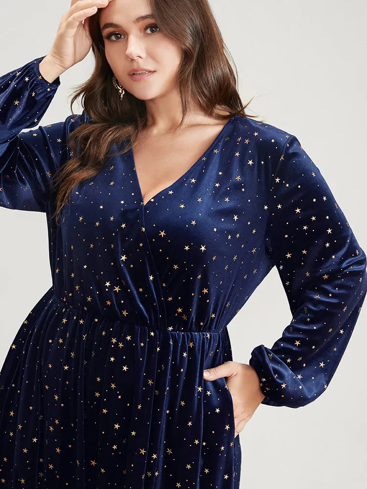 Halloween Star Print Wrap Lantern Sleeve Pocket Split Velvet Maxi Dress sold by Bloomchic product image thumbnail 5