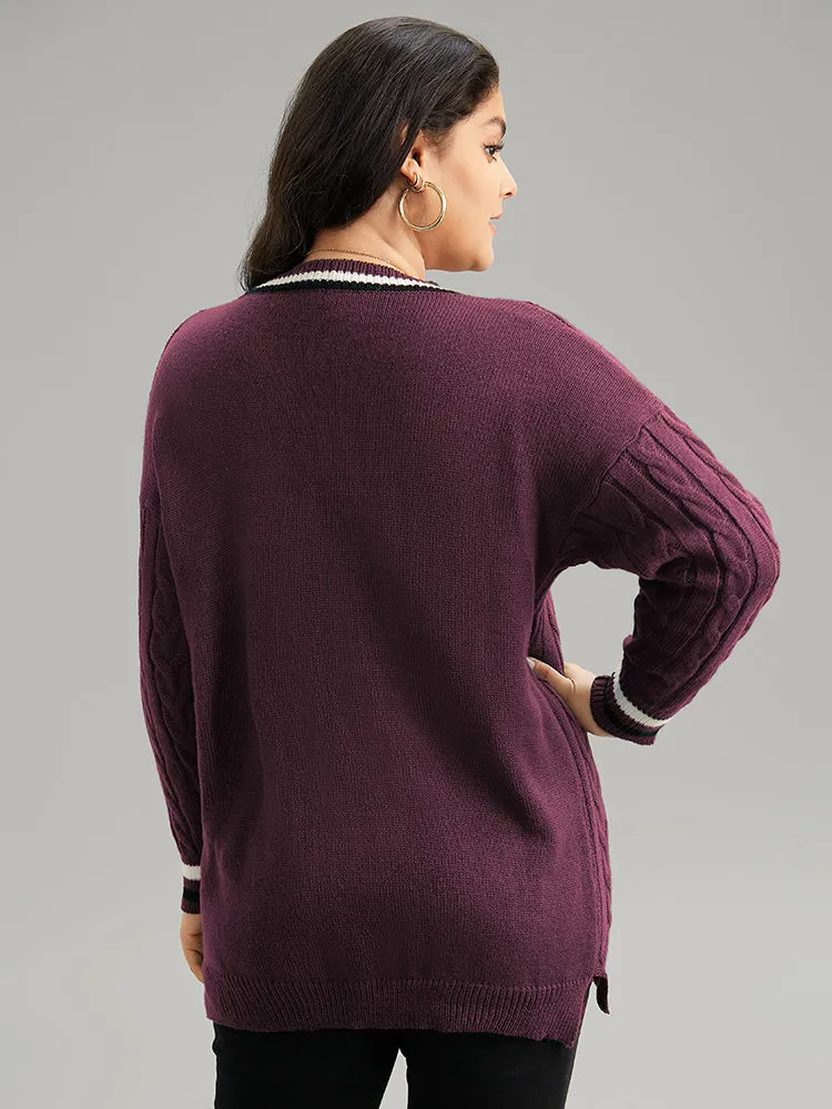 Cable Knit Contrast Trim Drop Shoulder Pullover sold by Bloomchic product image thumbnail 2
