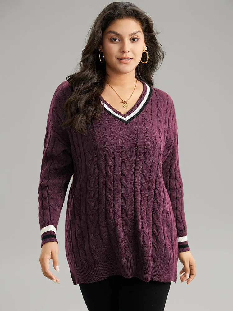 Cable Knit Contrast Trim Drop Shoulder Pullover sold by Bloomchic product image thumbnail 5