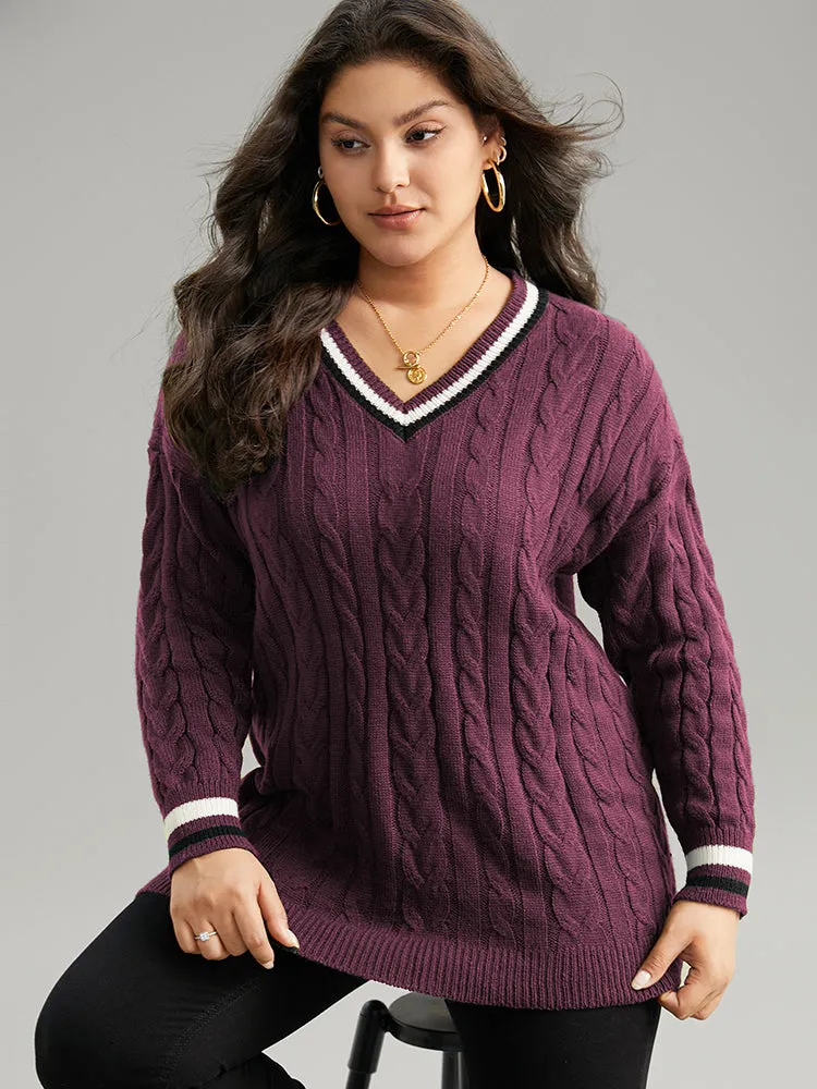 Cable Knit Contrast Trim Drop Shoulder Pullover sold by Bloomchic