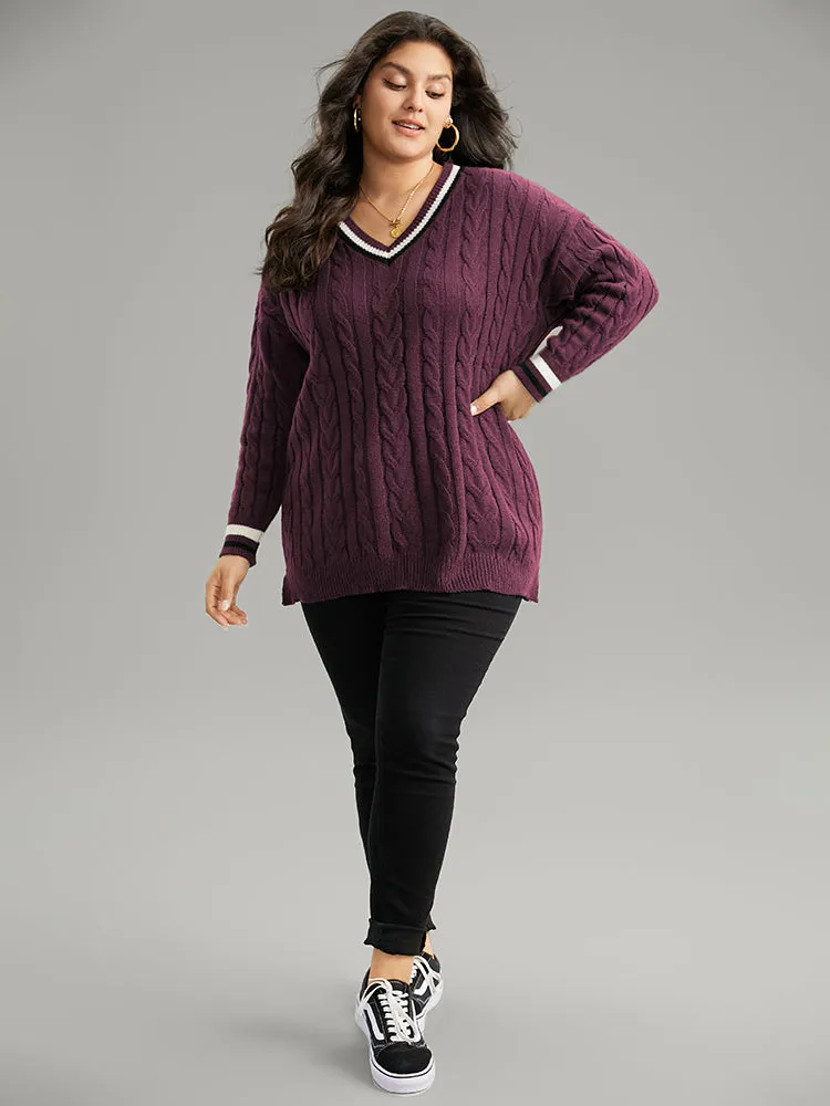 Cable Knit Contrast Trim Drop Shoulder Pullover sold by Bloomchic product image thumbnail 4