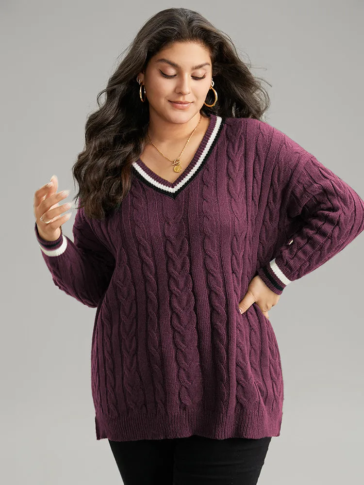 Cable Knit Contrast Trim Drop Shoulder Pullover sold by Bloomchic product image thumbnail 3