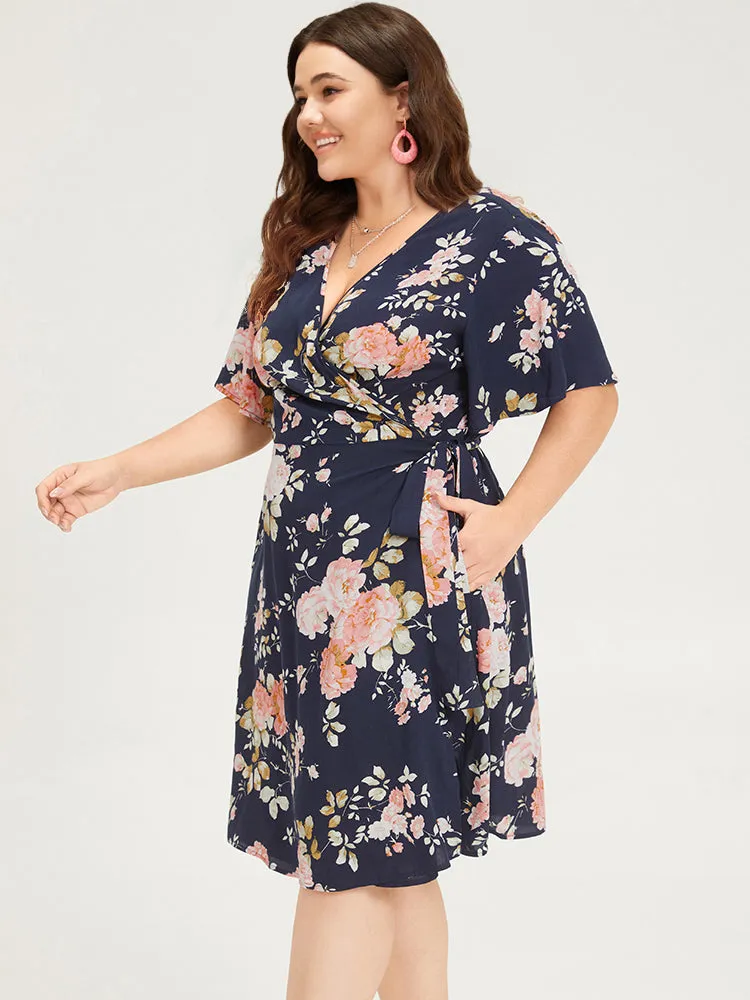 Floral Print Pocket Knot Ruffle Sleeve Wrap Dress sold by Bloomchic product image thumbnail 3
