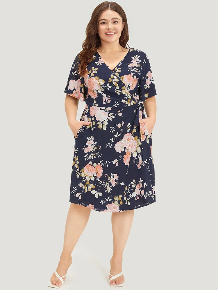 Floral Print Pocket Knot Ruffle Sleeve Wrap Dress sold by Bloomchic product image thumbnail 5