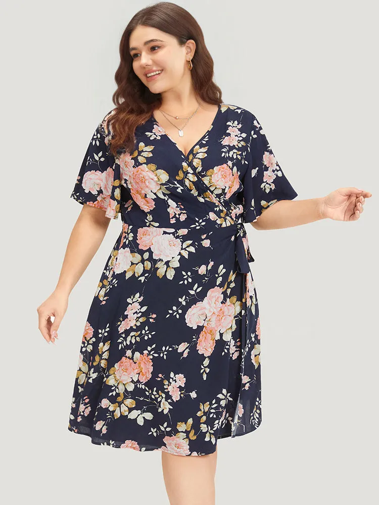 Floral Print Pocket Knot Ruffle Sleeve Wrap Dress sold by Bloomchic product image thumbnail 2