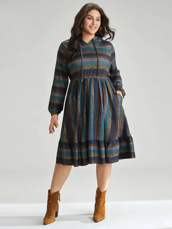 Striped Contrast Ruffle Layered Hem Hooded Dress sold by Bloomchic
