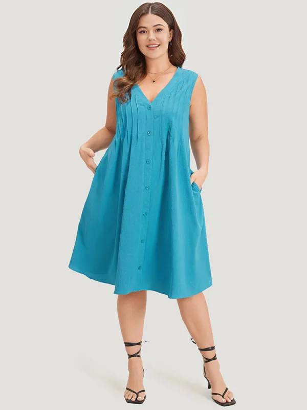 Solid Plicated Detail Button Through Tank Dress sold by Bloomchic