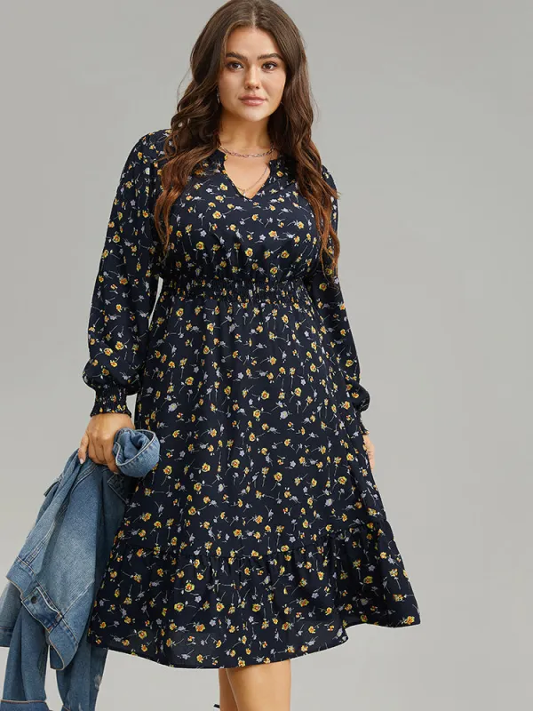 Ditsy Floral Notched Shirred Frill Trim Dress sold by Bloomchic