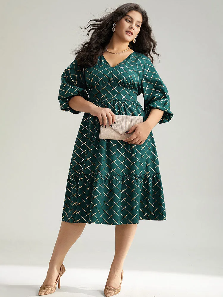 Glitter Plaid Lantern Sleeve Ruffle Hem Dress sold by Bloomchic product image thumbnail 4