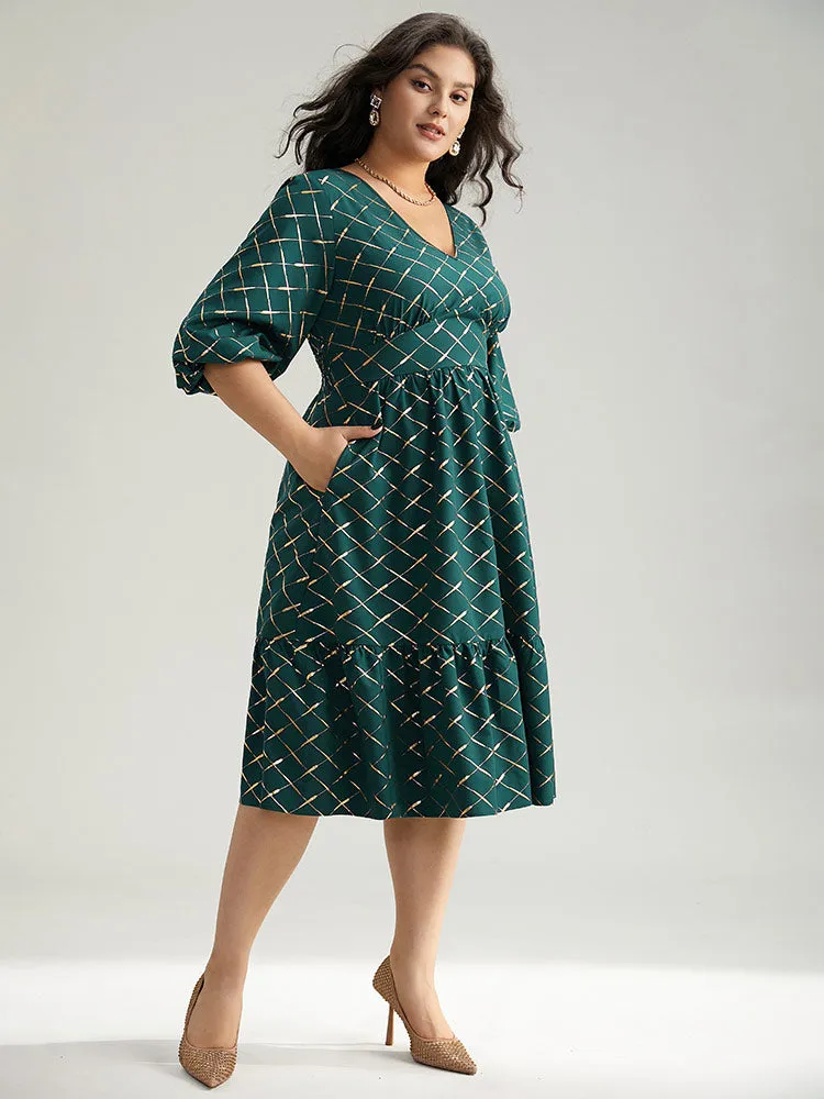 Glitter Plaid Lantern Sleeve Ruffle Hem Dress sold by Bloomchic product image thumbnail 2