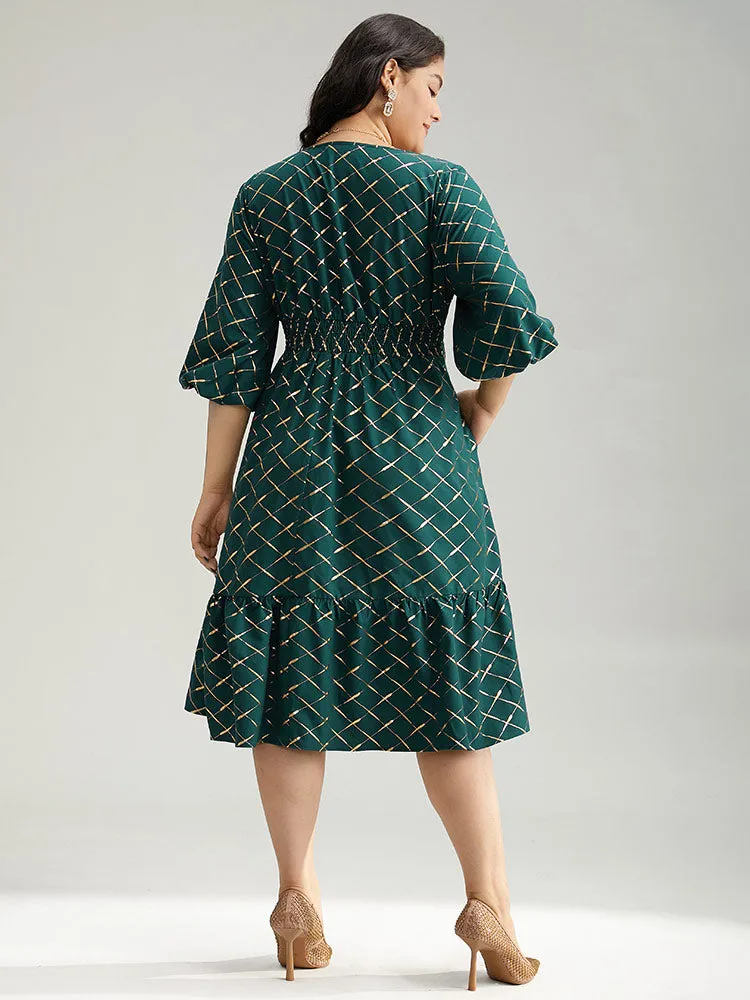 Glitter Plaid Lantern Sleeve Ruffle Hem Dress sold by Bloomchic product image thumbnail 3