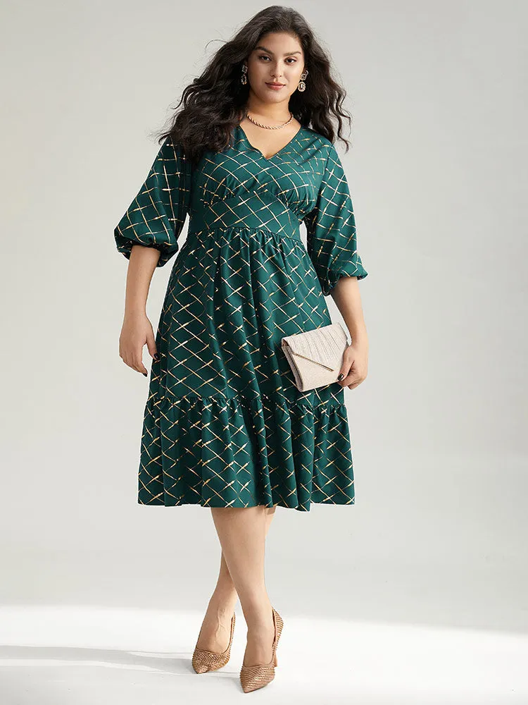 Glitter Plaid Lantern Sleeve Ruffle Hem Dress sold by Bloomchic